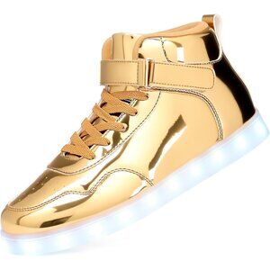 ⚡Unisex Gold LED Shoes High Top Light Up Leather Sneakers Non Slip Lace Up